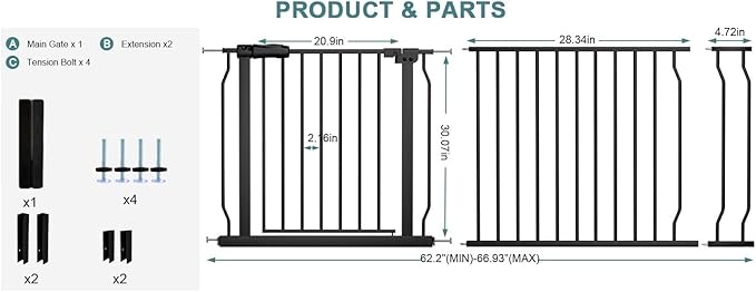 Extra Wide Baby Gate Tension Indoor Safety Gates Black Metal Large Pressure - Image 2