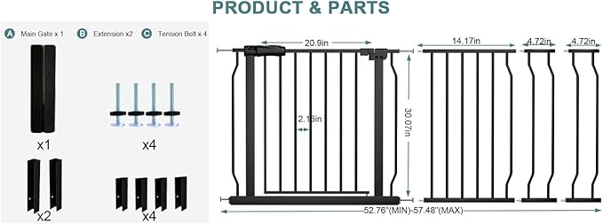 Extra Wide Baby Gate Tension Indoor Safety Gates Black Metal Large Pressure - Image 2