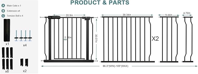 Extra Wide Baby Dog Gates for Doorways Tension Indoor Safety Gates Black Metal - Image 2