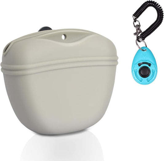 Left&Right Dog Clicker Training Kit,Silicone Dog Training Treat Pouch and Dog Clickers,Dog Treat Bag with Clicker Training for Dogs,Pet Treat Bag with Magnetic Buckle Closing and Waist Clip,Beige