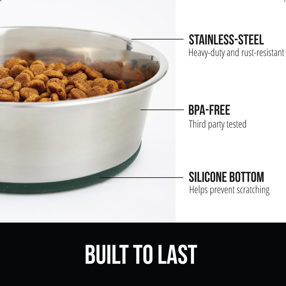 GORILLA GRIP Set of 2 Dog Bowls, Holds 8 Cups (64 fl oz), Heavy Duty Metal Food and Water Bowl for Feeding Dogs and Cats, Dishwasher Safe, Rust Resistant Stainless Steel, BPA Free Rubber Base, Green