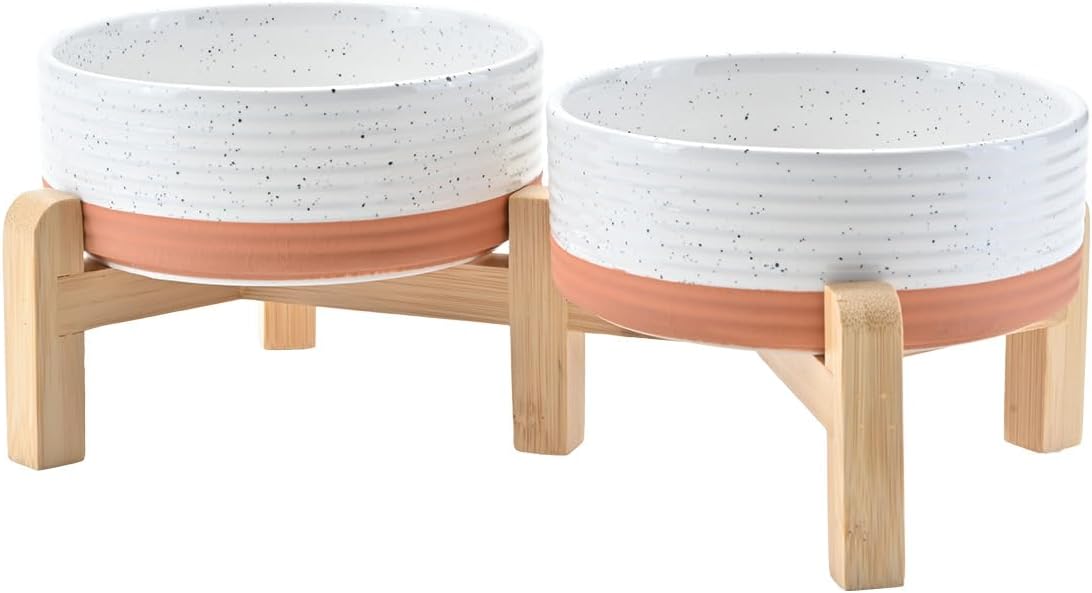 SPUNKYJUNKY Elevated Dog Bowls Ceramic, 5.1'' Dogs and Cat Food Water Bowls Raised with Non-Slip Bamboo Stand for Puppy Small Sized Breed Microwave Dishwasher Safe - 13.5 OZ,Pattern White