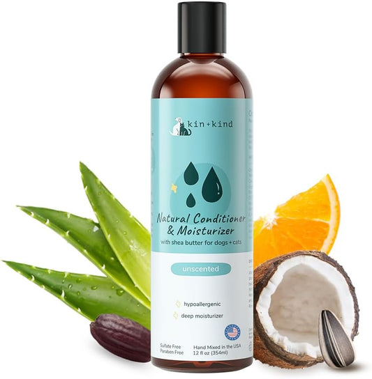 kin+kind Cat & Dog Conditioner with Shea Butter All-Natural Formula with Betaine & Aloe Moisturize & Restore Coat for Dogs and Cats Shed Defender & Coat Defense Pet Defender S 12 fl oz Made in USA