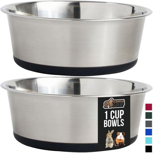 GORILLA GRIP Set of 2 Dog Bowls, Heavy Duty Metal Food and Water Bowl for Feeding Dogs and Cats, Dishwasher Safe, Rust Resistant Stainless Steel, BPA Free Rubber Base, Holds 1 Cup (8 fl oz), Black