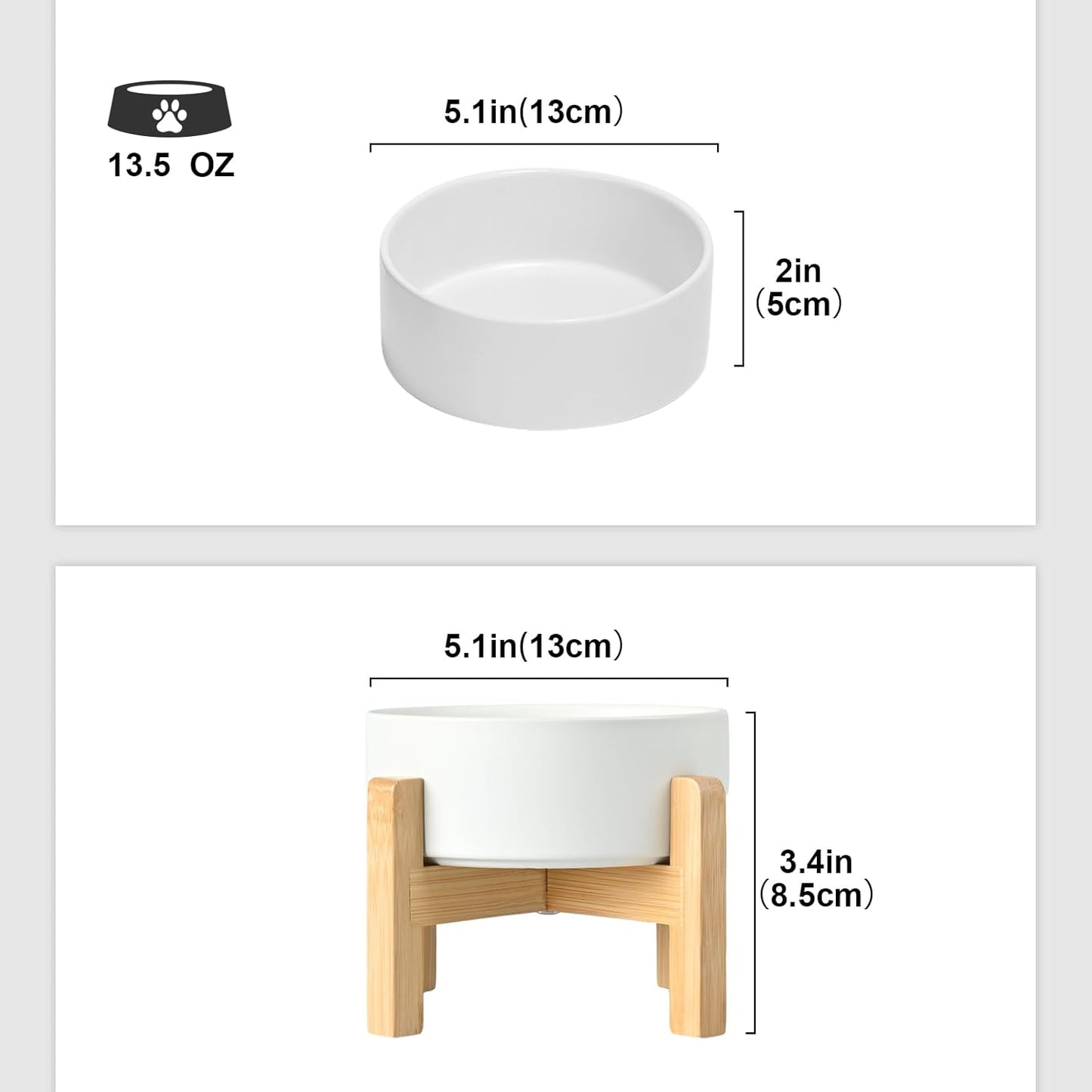 SPUNKYJUNKY Ceramic Elevated Dog Bowls 2 Pack - 5.1inch Raised Dog Bowls with Non-Slip Wooden Stand for Small Dogs Dishwasher Safe(White,13.5OZ*2)
