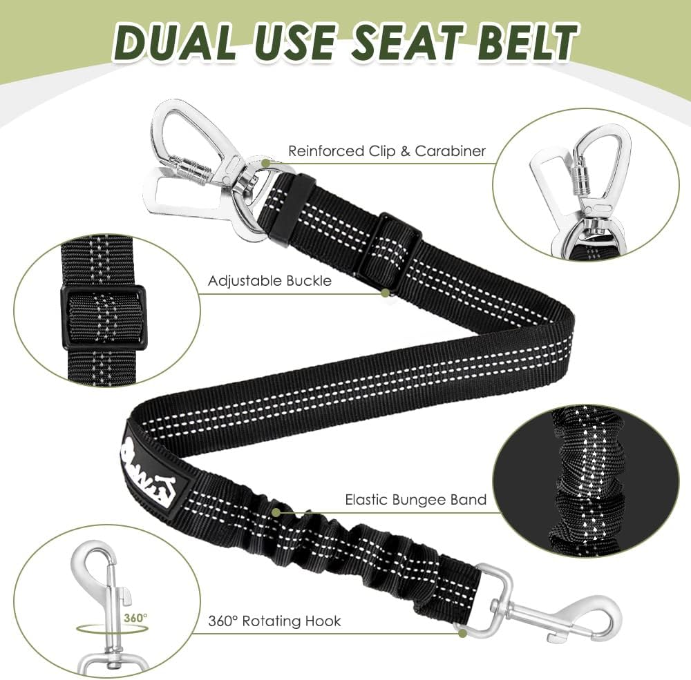 SlowTon Dog Seat Belt Harness for Car, Dog Car Harness Adjustable Mesh Breathable & Dog Seatbelt Safety Tether with Elastic Bungee for Small Medium Large Pets(Red, Double Clip, M)