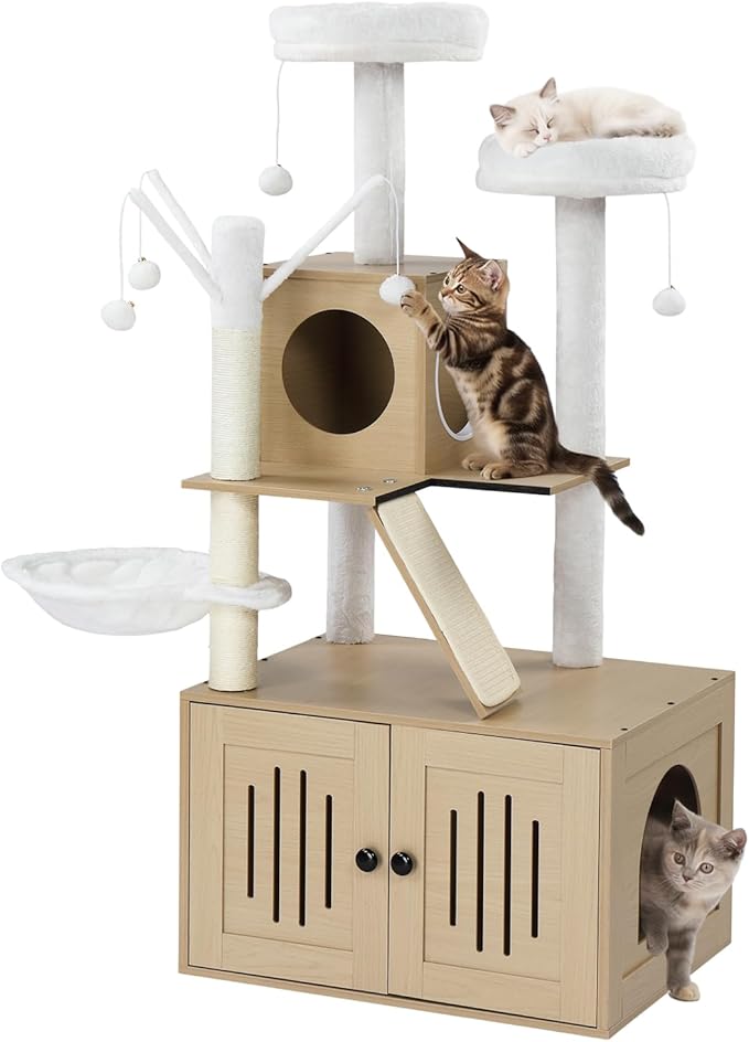 VINGLI Cat Tree Tower with Litter Box, Cat Tower wih Scratching Posts, Houses by VINGLI