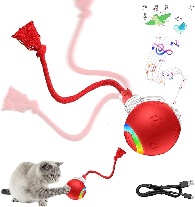 Interactive Cat Toy Ball with Red Tassel Tail, 3 Speed Modes Motion Activated by Unknown