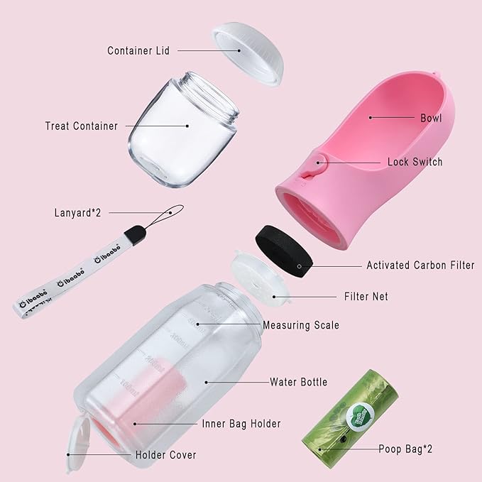 Cibaabo Dog Water Bottle with Food Container & Poop Bag Holder, Travel Water - Image 3