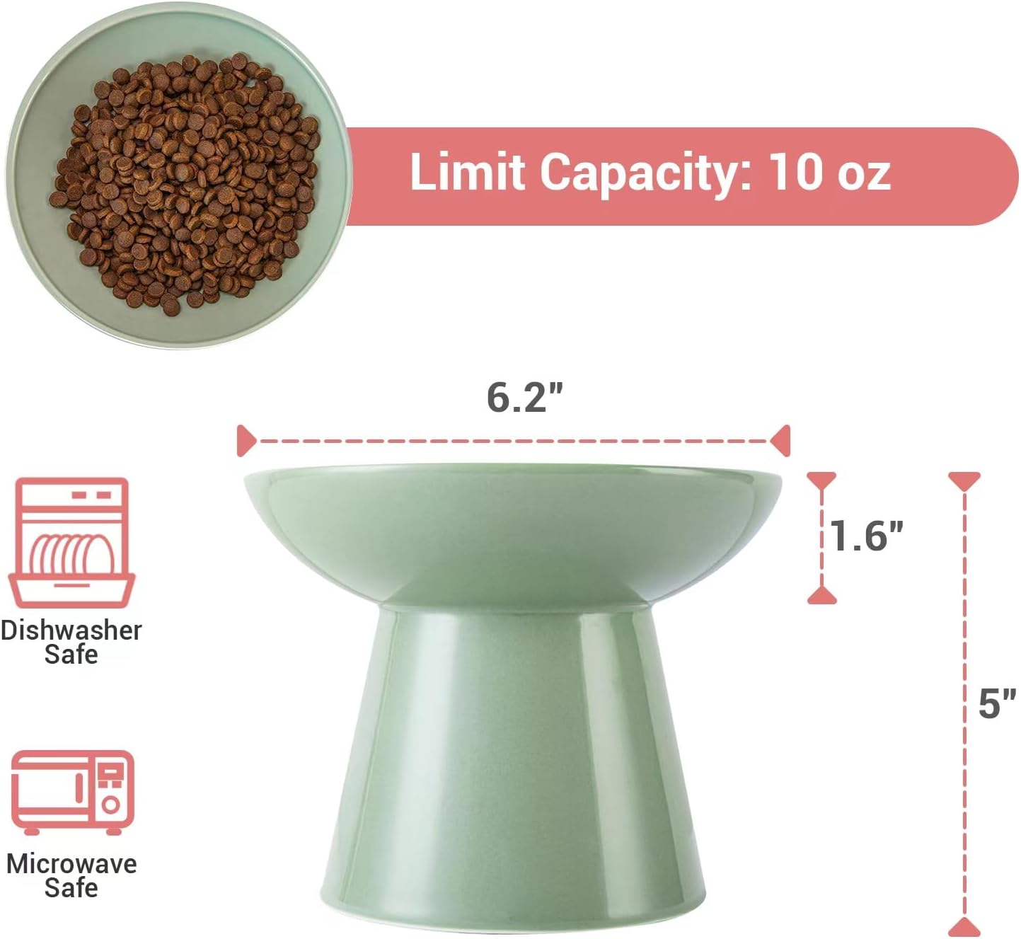 Extra Wide Elevated Ceramic Cat Bowl, 6.2" Shallow Dish for Whisker Fatigue Relief, 5" Height for Easy Feeding, Durable Raised Cat Food Bowls, Pack of 2, Sage Green
