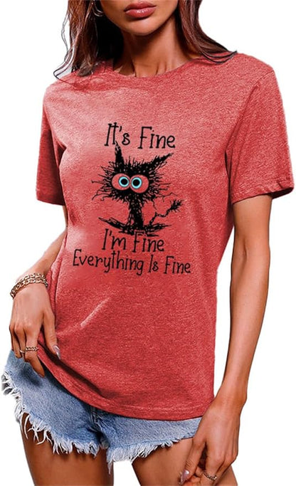 Funny Cat T Shirts for Women Everything is Fine Graphic Tees Casual Short by BYIPY
