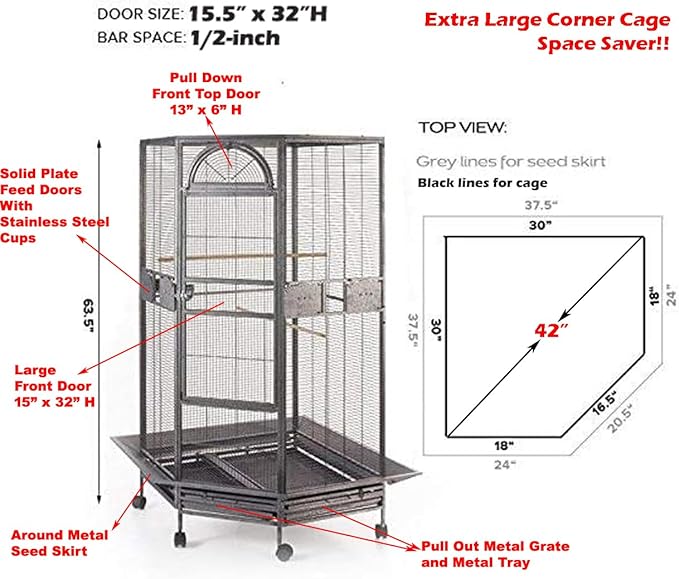64" Extra Large Corner Flight Bird Parrot Cage - Image 2