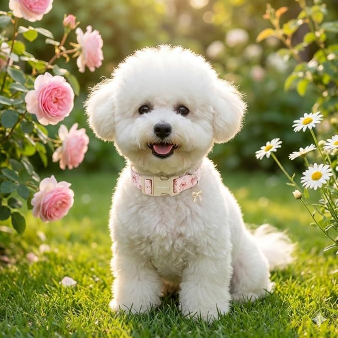Pink Bow Dog Collar with Flower, Adjustable Cotton Puppy Collar, Cute Girl Boy - Image 8