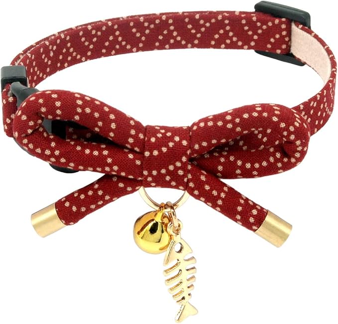 Cute Bowtie Cat Collar with Bell. Japanese Stylish Bowknot & Fish Charm. Safety by PetSoKoo
