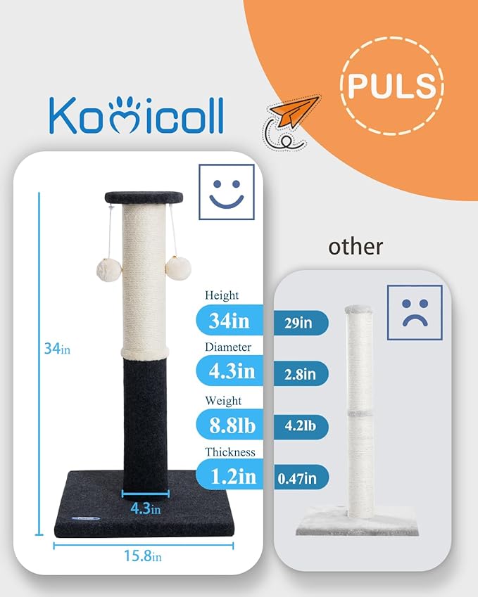 34-Inch Tall Cat Scratching Post, Komicoll Large Scratch Post, Sisal Cat - Image 4