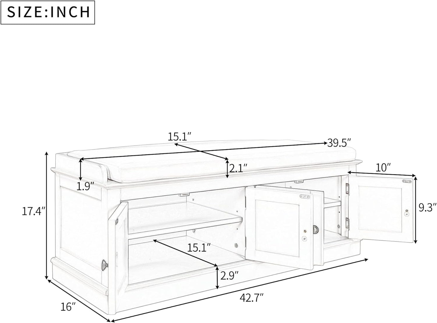 Storage Bench with 4 Doors and Adjustable Shelves, Shoe Bench with Removable Cushion for Living Room, Entryway 42.7" L x 16" W x 17.4" H (Gray Wash)