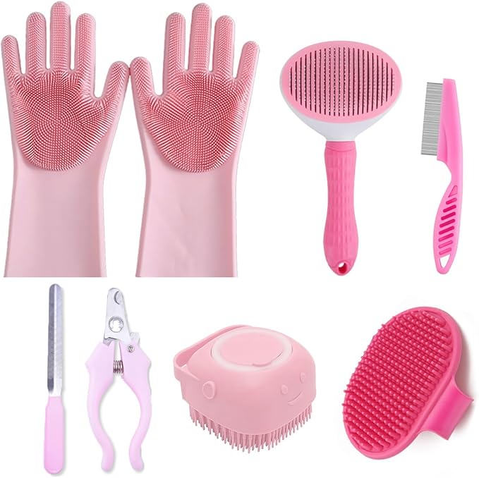 8PCS Dog Bath Supplies Set，Dog Washing Gloves，Shampoo Brush, Shedding Slicker by KEEPLKVOC