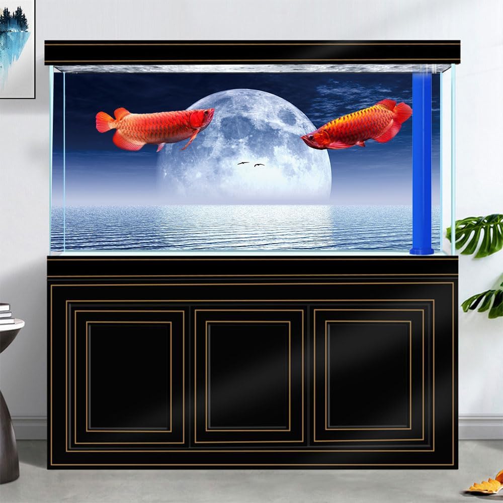 Moon Aquarium Background,Cool Sea Galaxy Parallel Space Themed Fish Tank Background, Cool Terrarium Background 36X20IN with 8 EVA Double-Sided Tape