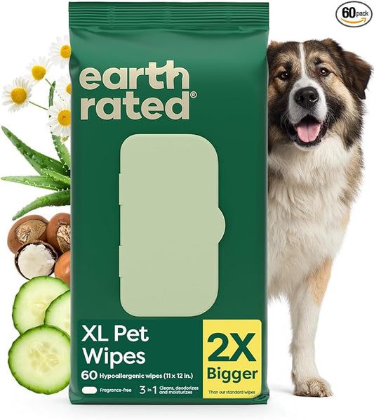 Earth Rated XL Pet Wipes for Dogs & Cats, Unscented Hypoallergenic, 60 Ct by EarthRated