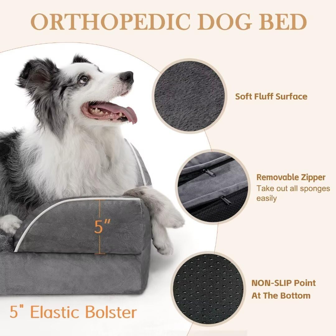 Comfort Expression Cooling Dog Bed, Memory Foam Orthopedic Dogs Beds for Extra Large Dogs, XL Dog Bed with Removable Cover, Waterproof Pet Beds Large with Bolster(X-Large,Leaden Grey)