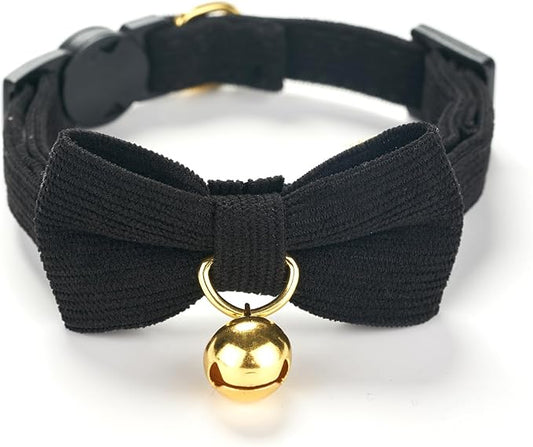 Soft Corduroy Cat Collar with Bell and Bowtie, Safety Breakaway Clasp, by Petiry