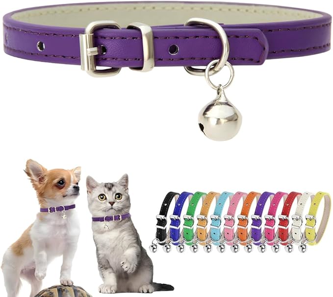 Purple Puppy Collar with Bell Faux Leather XXS Dog Collar with Bell Adjustable by Hotlion