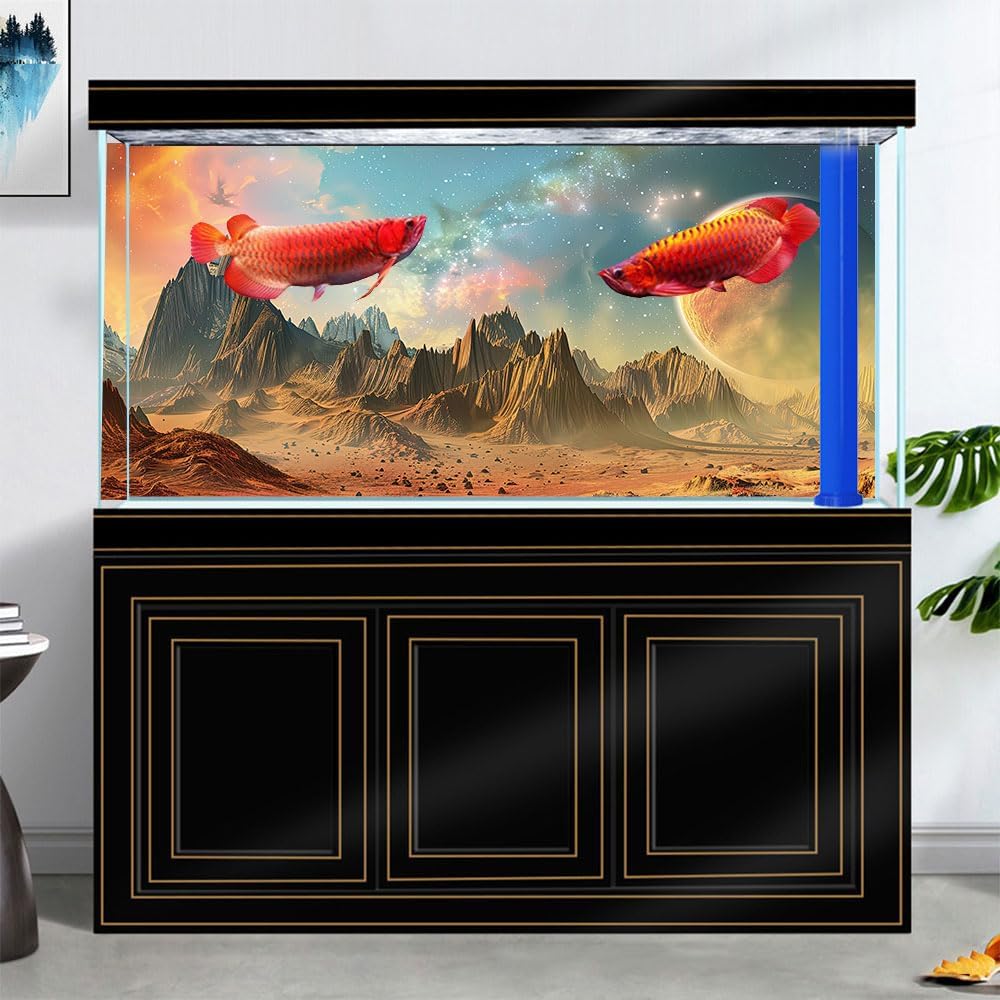 Cosmic Aquarium Background,Cool Galaxy Parallel Space Themed Fish Tank Background, Tropical Desert Terrarium Background 24X16IN with 8 EVA Double-Sided Tape