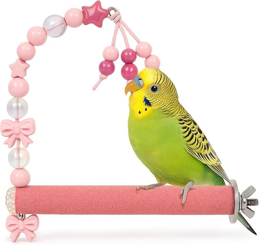 Bird Parrot Perch with Beads and Bow Chew Toy, Cage Platform Toy and Exercise by Unknown