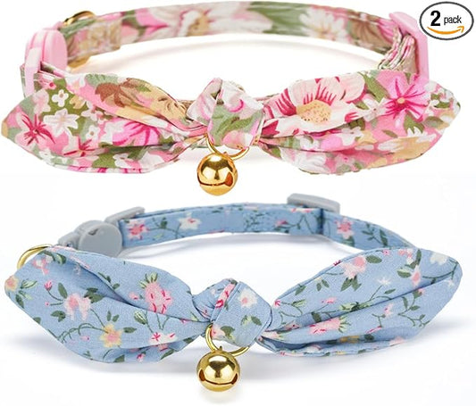 Cotton Bowtie Cat Collar with Bell 2 Pack Stylish Floral Breakaway Kitten by YUDOTE