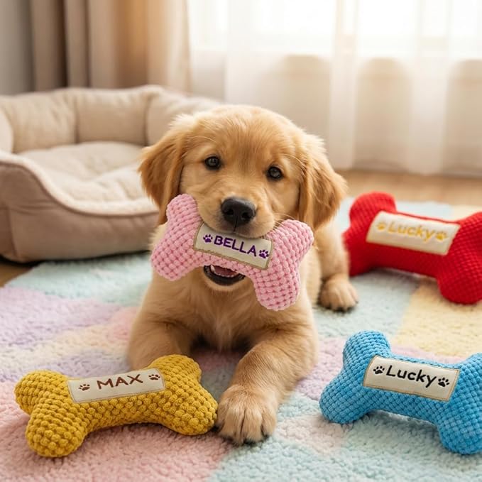 Personalized Dog Bone-Shaped Squeaky Toy – Custom Embroidered Name, Durable - Image 2