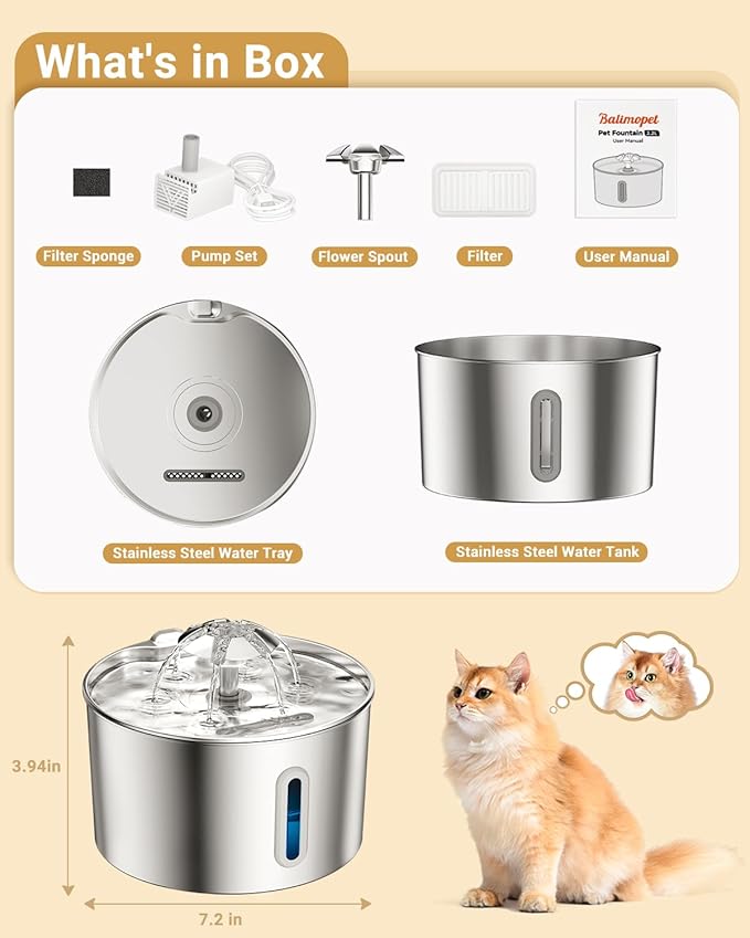 Cat Water Fountain Stainless Steel - 74oz/2.2L Automatic Large Pet Watering - Image 8