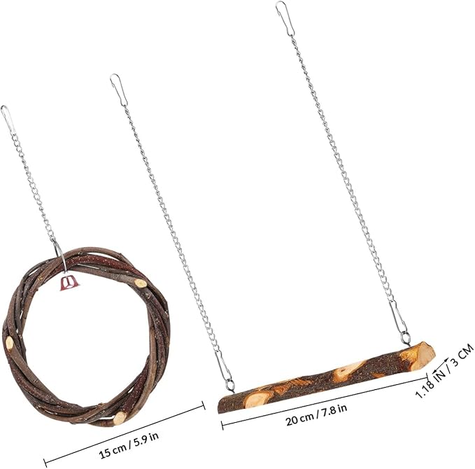 Wood Bird Swing 2pcs with Bell and Woven Ring Natural Wood Hanging - Image 2