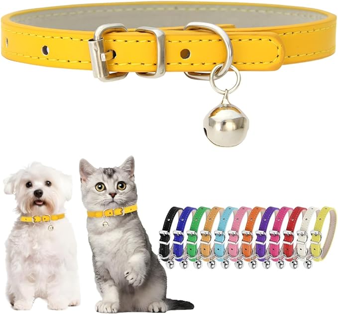 Gold Small Dog with Bell Soft Leather Puppy Collar with Bells Adjustable Buckle by Hotlion