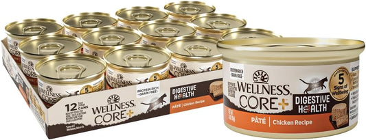 Wellness CORE+ Digestive Health Pate Adult Wet Cat Food, Natural, Protein-Rich, Grain Free, 3 Ounce, 12 Pack (Chicken)