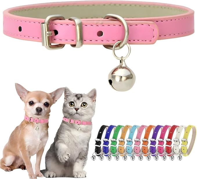 Pink Puppy Collar with Bell Girls PU Leather Small Dog Collars by Hotlion