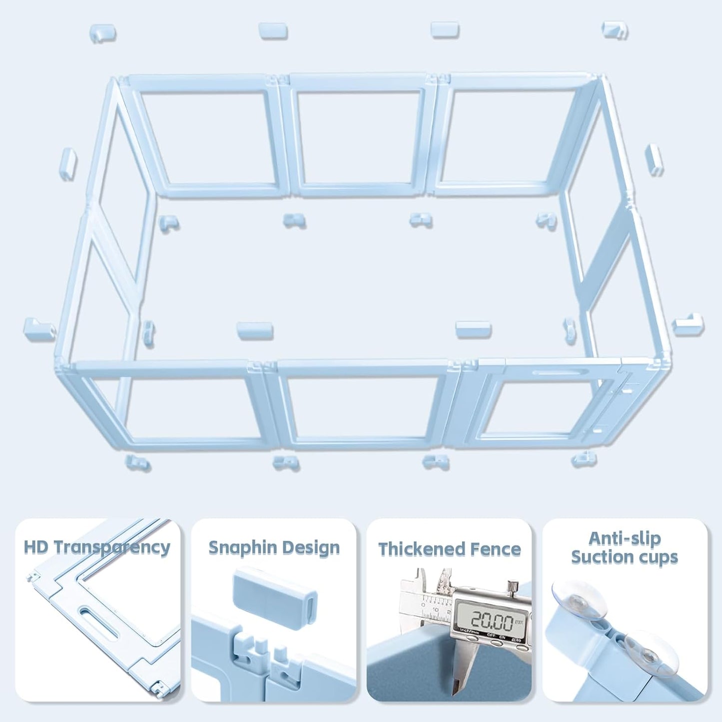 DIY Clear Acrylic Dog Playpen House,Quick Easy Assembly and Disassembly,Strong Floor Suction,Indoor and Outdoor Use,Easy Cleansing Puppy Fence (Sky Blue, 23.6" H, 10PCS)