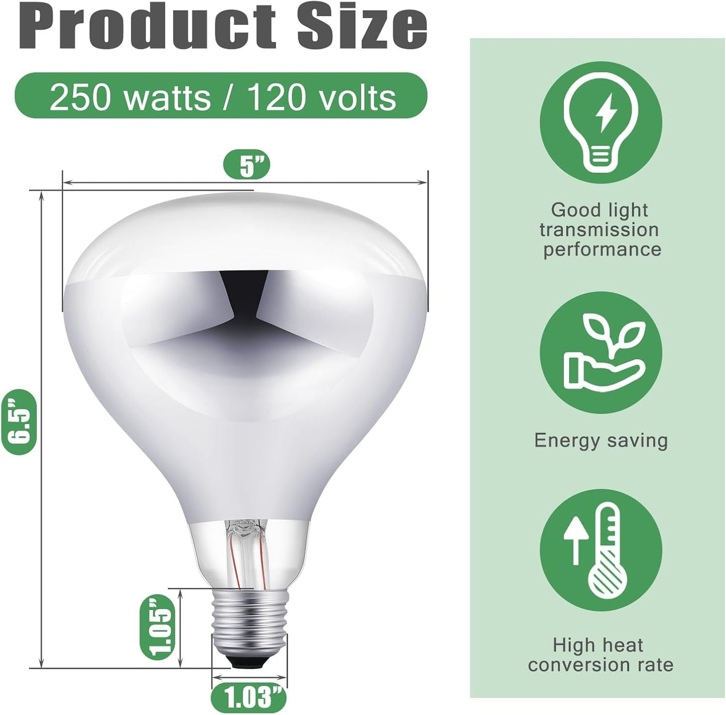 VIHOSE 2 Pack 250 Watt Heat Lamp 120v R40 Heat Lamp Bulbs Glass Incandescent Light Bulbs Incandescent Heating Lightbulbs for Reptiles Chicks Food Puppies Bathroom, Use E26 Base (Silver)