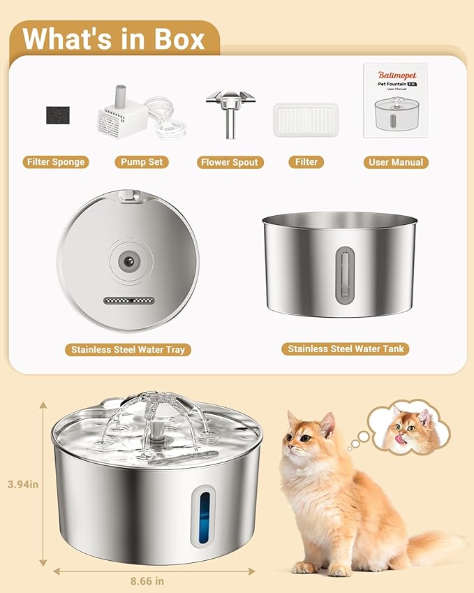 Cat Water Fountain Stainless Steel - 108oz/3.2L Automatic Large Pet Watering - Image 7