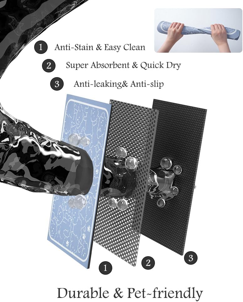 Pet Feeding Mat-Absorbent Dog Mat for Food and Water Bowl-No Stains Quick Dry Water Dispenser Mat-Dog Accessories Pet Supplies-Bowl for Messy Drinkers（BLUEDOGS,16"x24"