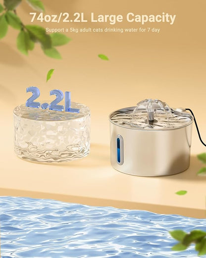 Cat Water Fountain Stainless Steel - 74oz/2.2L Automatic Large Pet Watering - Image 2