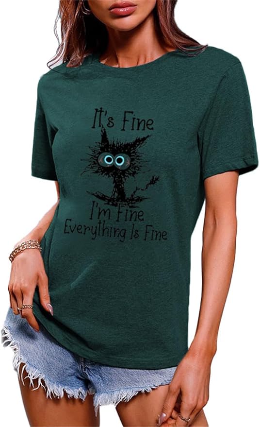 Funny Cat T Shirts for Women Everything is Fine Graphic Tees Casual Short by BYIPY