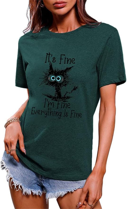 Funny Cat T Shirts for Women Everything is Fine Graphic Tees Casual Short by BYIPY