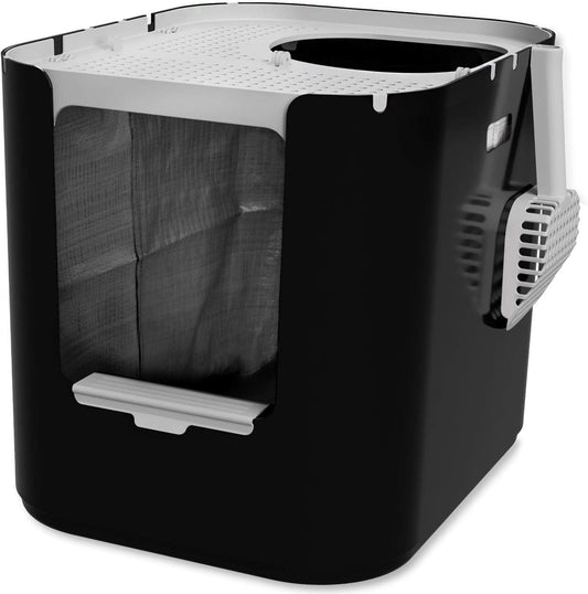 Modkat® XL Litter Box, Top or Front-Entry Configurable, Full Height Seamless Base, Reusable Litter Liners, Sifting Litter Scoop, 2X Bamboo Charcoal Filters - Black