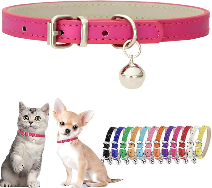 Hot Pink XS Dog Collar with Bell Girls PU Leather Puppy Collar with Bell Cat by Hotlion