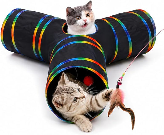 Cat Tunnels Tube Toy with Plush Ball & Cat Wand Feather Toys-Portable Tattaff by MAKEPETLUCKY-WelcometoCatTunnelClub