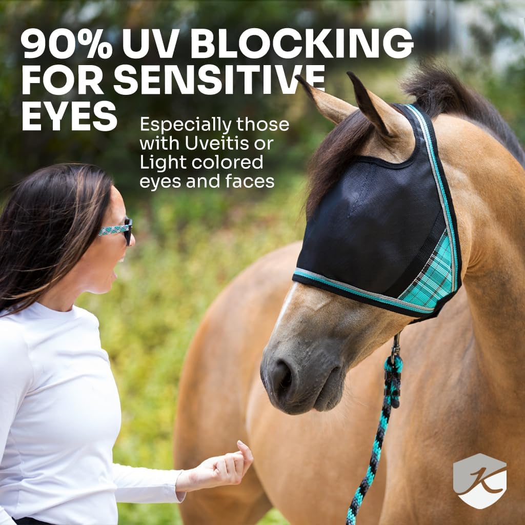 Kensington 90% UV Fly Mask Halter CatchMask UViator - Without Ears & Forelock Freedom Web Trim *Roomy Fit*- Large, Desert Sand