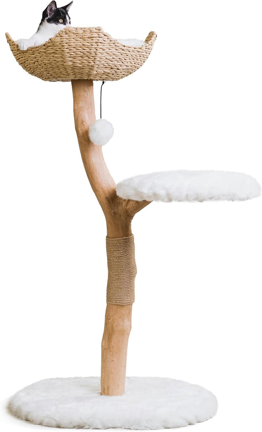 Wooden Cat Climbing Tree Tower, Modern Single Branch Cat Condo, Wood, Cat Lover Furniture Gift by MAU LIFESTYLE (Alpine White)