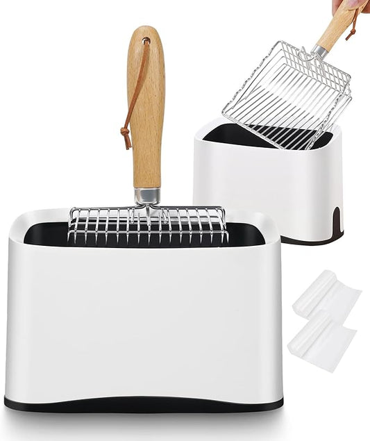 Metal Cat Litter Scoop with Holder, Poop Scooper with Stand&2 Rolls of Garbage by ARMLULU