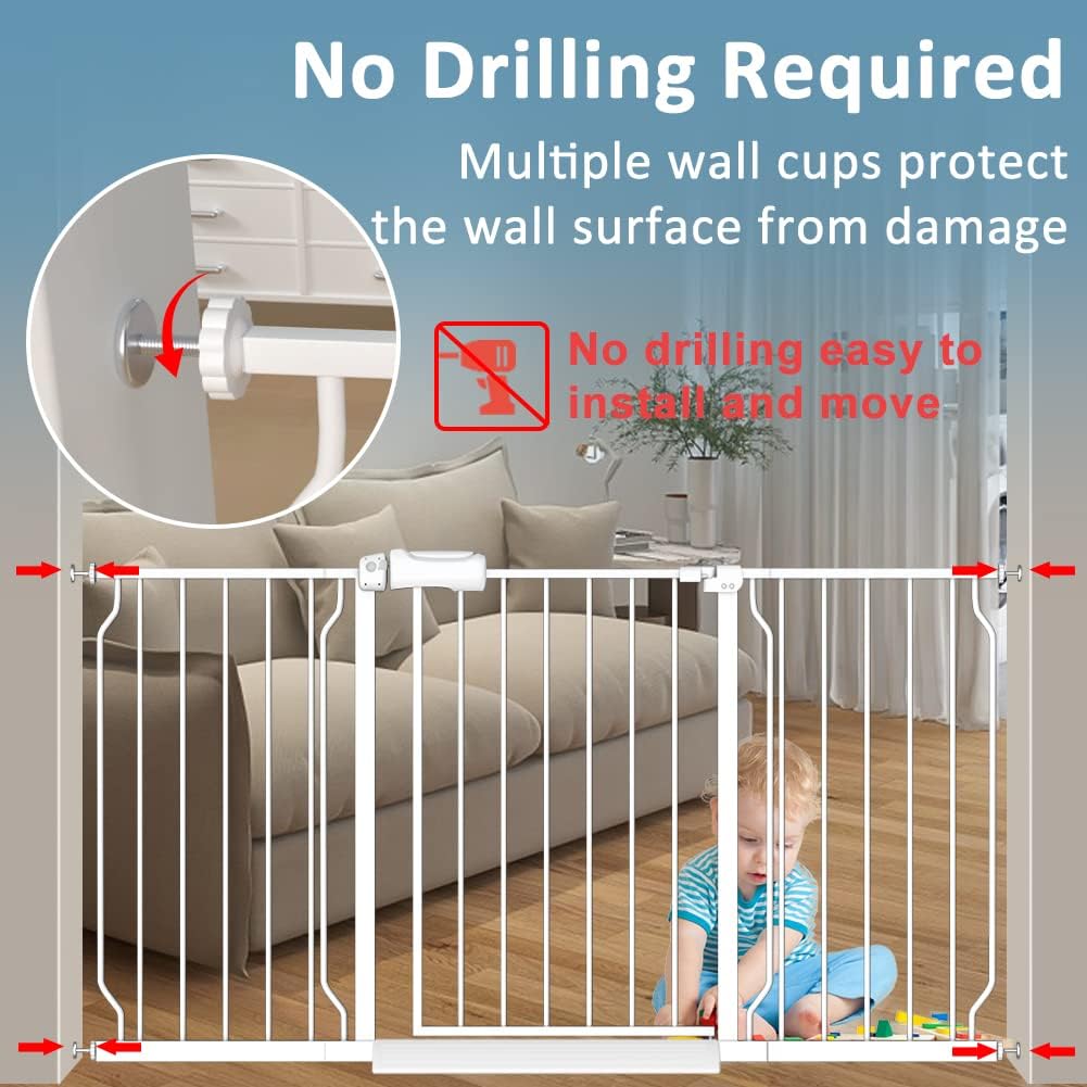 White Extra Wide Baby Gate 53-57.5 inch for Doorways Stairs Pressure Mount Baby Gate Automatic Close Child Dog Pet Safety Toddler Gates with Extensions