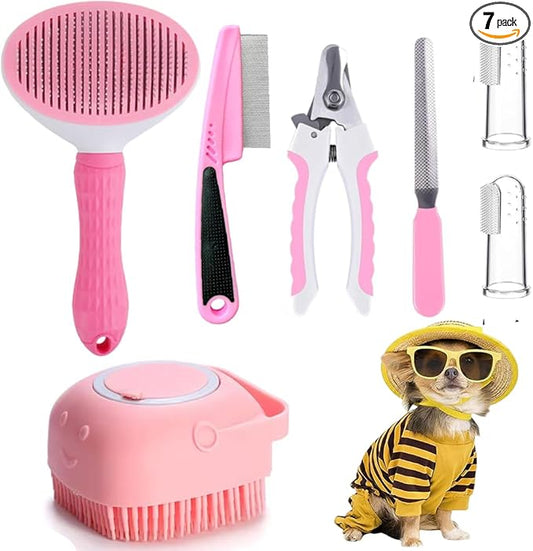 7 Pcs Cat Dog Brush Grooming Kits, Self-Cleaning Slicker Brush, Pet Nail by Qubccum